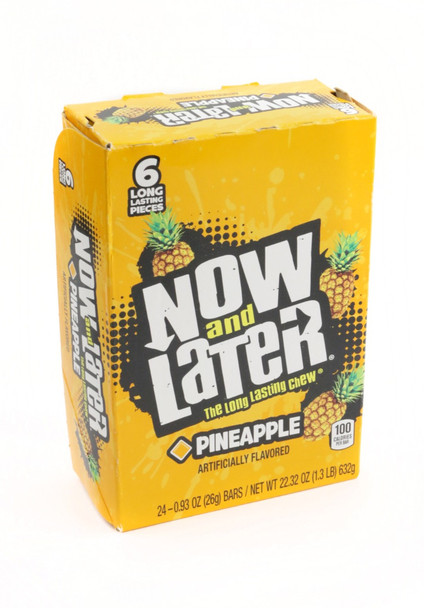 Yellow Now and Later Pineapple candy, 12 individually wrapped 2-piece packs, 24 total pieces.