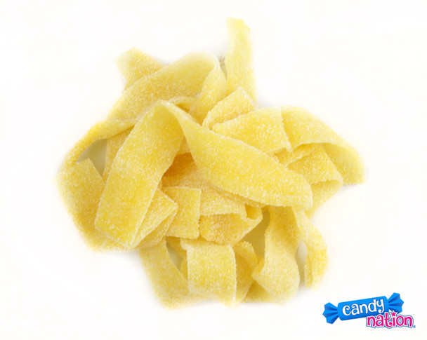 Large 19.8 LB case of Dorval Sour Belts, vibrant yellow-orange mango candy strips, visibly coated with sour powder.