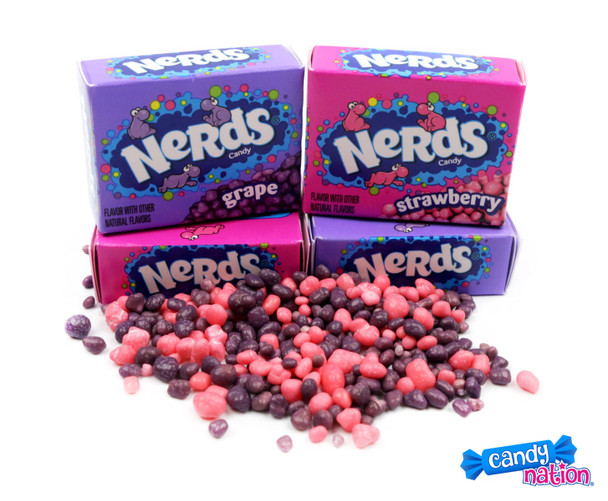 Nerds Strawberry and Grape mini boxes, 12 count, 12 oz. Red and purple tiny tangy crunchy candy.