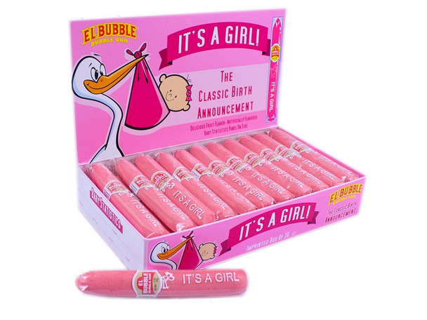 It's A Girl Pink Bubble Gum Cigars, 36 piece box, 24 count.