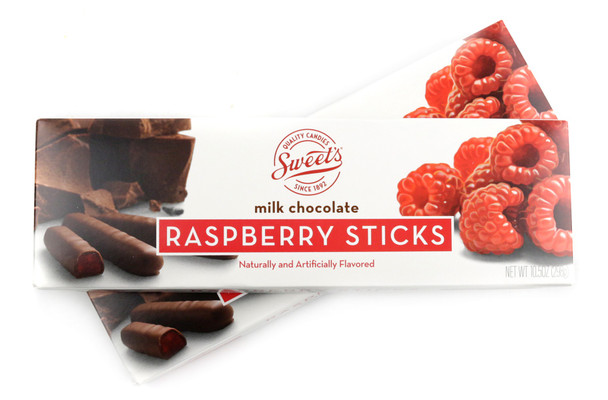 12 boxes Sweets Milk Chocolate Raspberry Sticks, 10.5oz. Brown chocolate coated red raspberry jelly sticks.