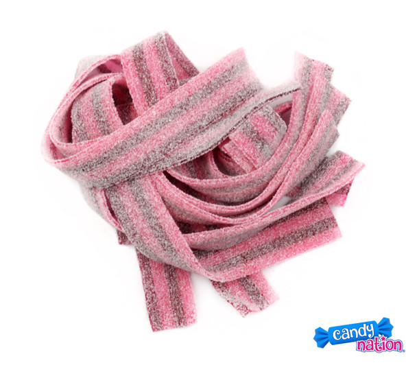 Dorval Sour Belts 19.8 LB case, vibrant red and pink raspberry cherry candy strips, 9 inches long, tangy sweet.