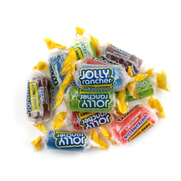Jolly Ranchers assorted hard candy, 6x 50oz bags, vibrant rainbow colors like pink, blue, red, purple, green.