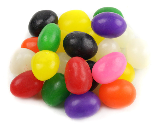Sunrise Assorted Jelly Beans, 31LB case. Vibrant, colorful fruit flavors: lemon, lime, orange, cherry, strawberry, grape, pineapple, licorice.