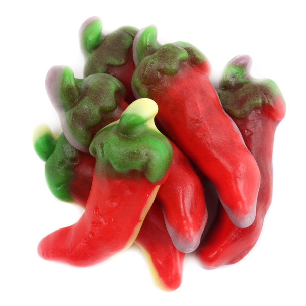 Vidal Gummy Fire Peppers, 2.2LB bag, 12 count. Spicy chilies with yellow and purple bottoms, approx 165 peppers.