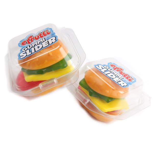 24 Efrutti Gummy Sliders, individually boxed. Playful mini burgers with yellow buns, green lettuce, orange cheese, and brown patties.