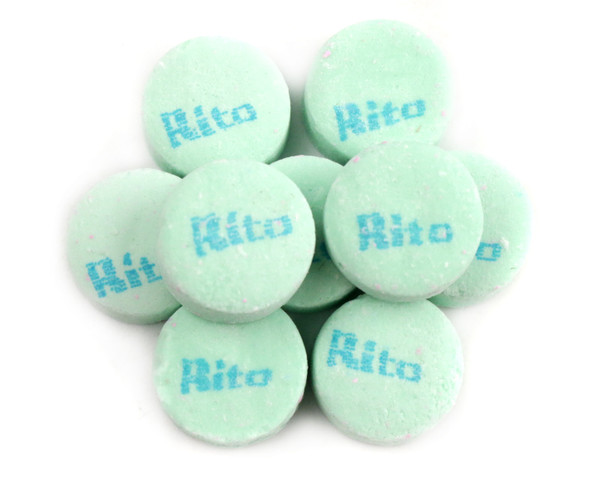 25lb box of pastel green, 3/4 inch Spearmint Rito Mints, approx. 100 mints per pound.