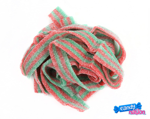 Dorval Strawberry Apple Sour Belts, red and green striped, sour sugar coated, 19.8 LB case of 9'' long candy strips.