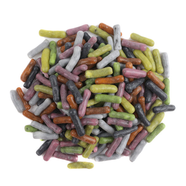 Licorice Pastels, 30lb box. Chewy black licorice pieces with vibrant pastel-colored candy shells.