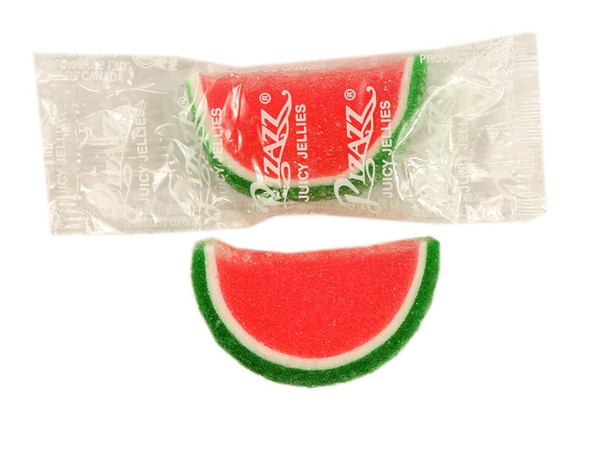 20lb bulk wrapped watermelon jelly fruit slices, pink center, green and white ends, sugar-drenched.