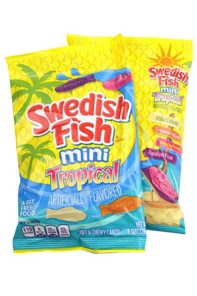 Tropical Swedish Fish, 12x 8oz bags. Chewy mini fish in vibrant Pina Colada, Tropical Island, Beachy Punch, Passion Fruit flavors.