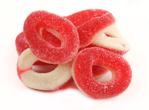 Bright red and white cherry gummy rings, four 5lb bags.