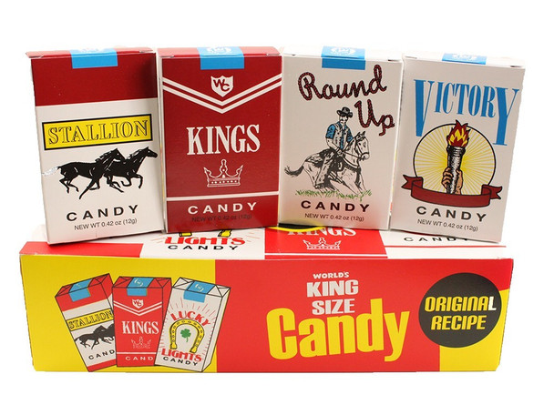 World Confections retro candy cigarettes, 24 packs. Old-fashioned nostalgic candy, approx 8 sticks per pack.