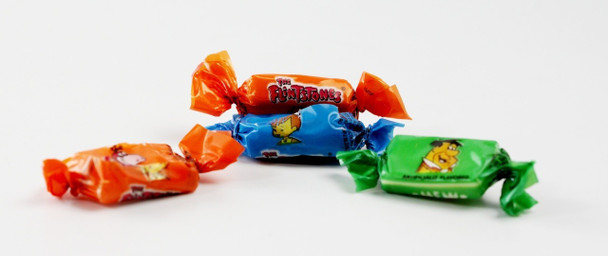 Bright orange, green, blue Flintstones character fruit chews, individually wrapped. 18 bags, 240 count each.