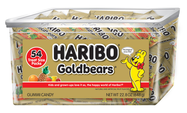 Haribo Gold Bears Mini Packs, 54ct 4 Packs. Assorted raspberry, orange, lemon, pineapple gummy candy.
