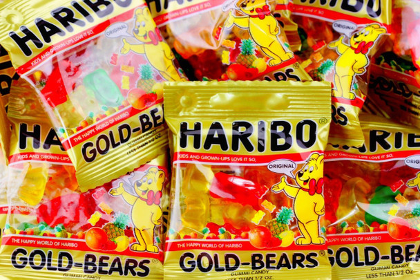 Haribo Gold Bears mini packs, 54 total, assorted red, orange, yellow, green gummy bears, in 8 larger packs.