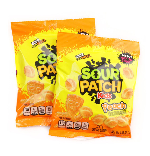 Sour Patch Kids Peaches gummy candy, 12 bags, 3.56oz each. Sweet & sour peach-shaped orange/yellow gummies.
