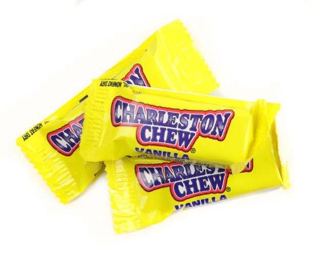 Charleston Chews Snack Size, chewy vanilla nougat, rich chocolate coating. 18 bags, 120 mini bars per bag.