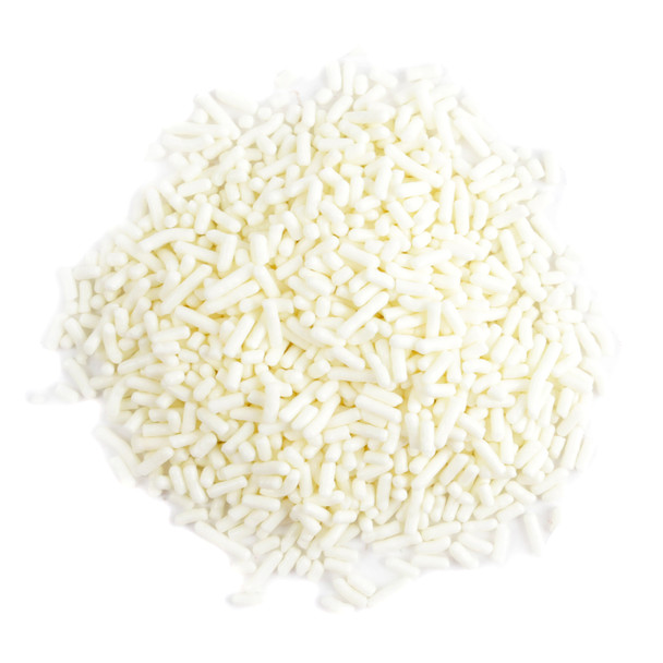 Tasty white sprinkles, ideal dessert toppings for cupcakes, ice cream, and doughnuts. Versatile baking candy.