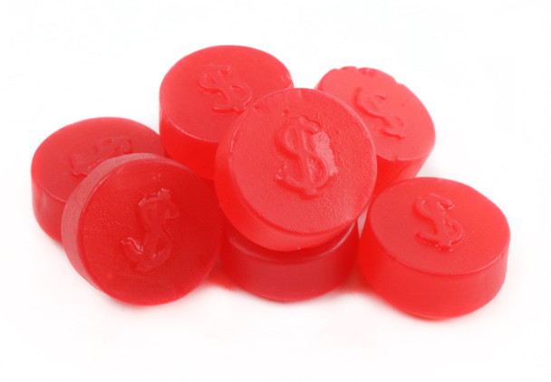 Bright red cherry juju coins in a 15lb box. Each 1-inch diameter coin has a dollar symbol. Sweet cherry flavor.