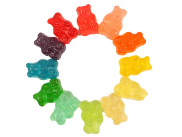 Assorted 12-flavor gummy bears, 4/5lb case. Colorful fruit candy, red, yellow, green, blue, purple, pink, orange, white.