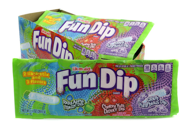 Lik-M-Aid Fun Dip 24-count box. Blue Razz Apple, red Cherry, purple Grape flavors, two candy sticks.