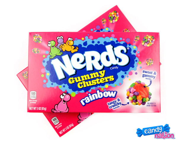 12 Nerds Gummy Cluster Theater Boxes, vibrant rainbow colors, sweet gummy and crunchy candy.
