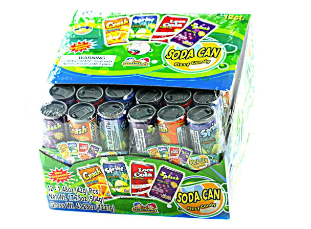 12 packs of 72 colorful soda can fizzy candies, assorted cola, orange, grape, and lemon-lime flavors.
