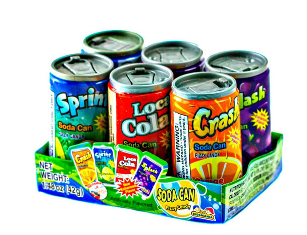 Soda Can Fizzy Candy, twelve 6-packs with 72 colorful mini cans, cola, orange, grape, lemon-lime.
