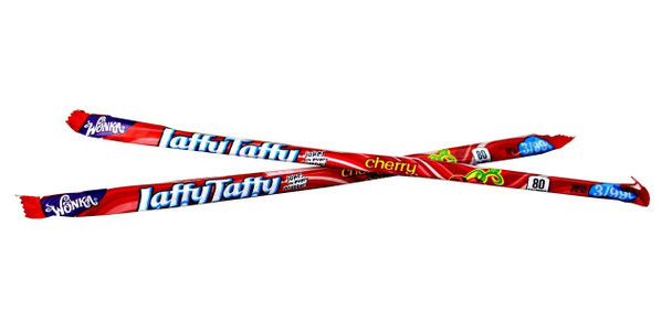 12 packs of 24 vibrant red, 10 inch long, cherry Laffy Taffy Ropes. Sweet chewy candy.