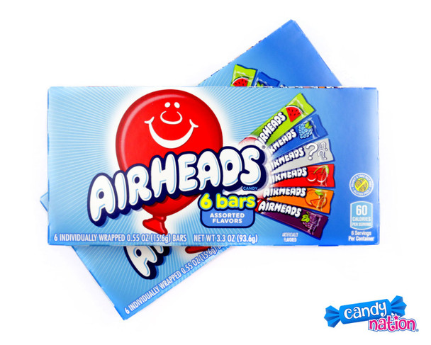 12 Airheads Theater Boxes, 3.3 oz, individually wrapped full-size assorted fruit flavored chewy taffy candy bars.