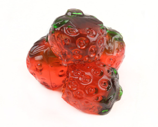 3D Gummy Strawberries, vibrant red, ripe strawberry flavor, 2.2LB bulk bag, 6 count, detailed 3D shape.