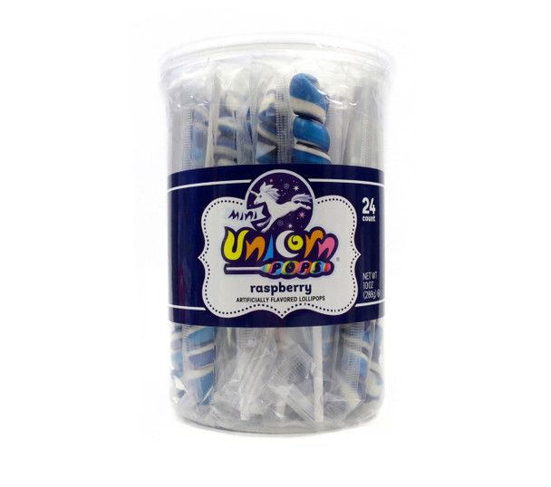 Royal blue mini unicorn lollipops, 6 packs of 24 pieces.