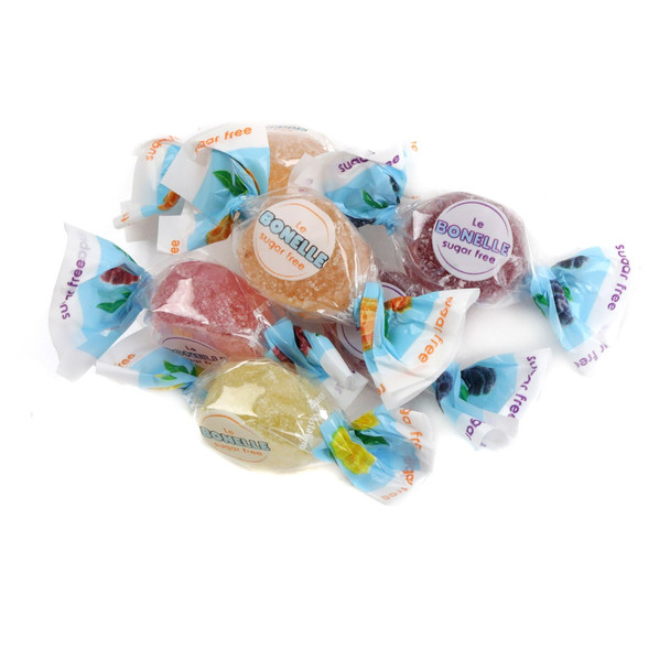 Large 2.2LB bag of colorful Bonelle sugar-free assorted fruit jelly candies, individually wrapped, vibrant red, green, yellow, orange.