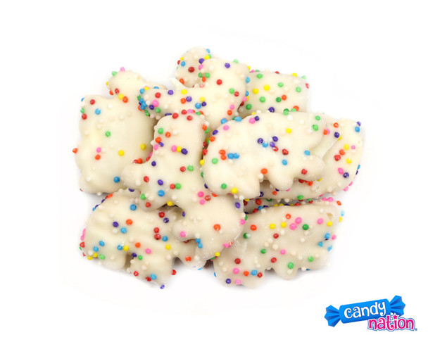 15 LB bulk bag of yogurt covered animal crackers, topped with colorful rainbow nonpareil candy beads.