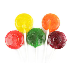 Assorted, individually wrapped lollipops in a rainbow of colors. 20 LB case, approx 1140 pieces.