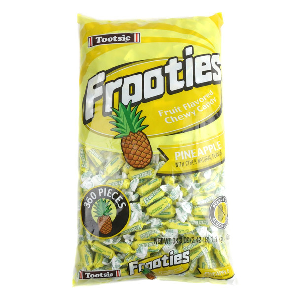 Bright yellow Pineapple Frooties, bulk case of 12 bags, 360 soft chewy candies per bag.