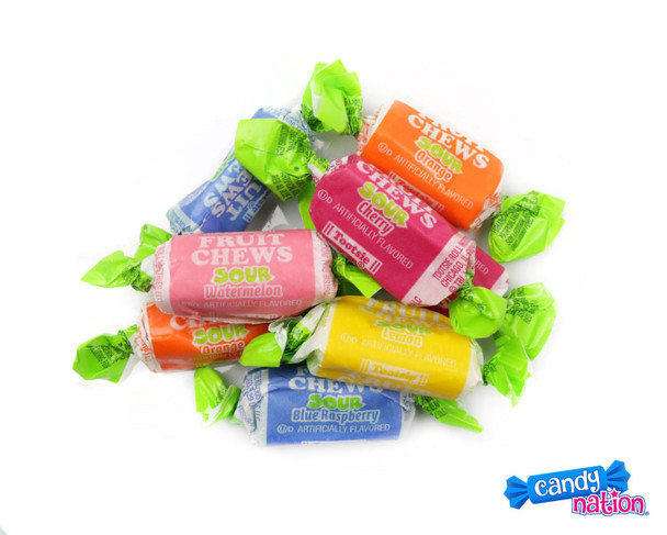 Tootsie Roll Sour Fruit Chews, 30lb bulk case. Orange, Lemon, Cherry, Watermelon, Blue Raspberry individually wrapped.