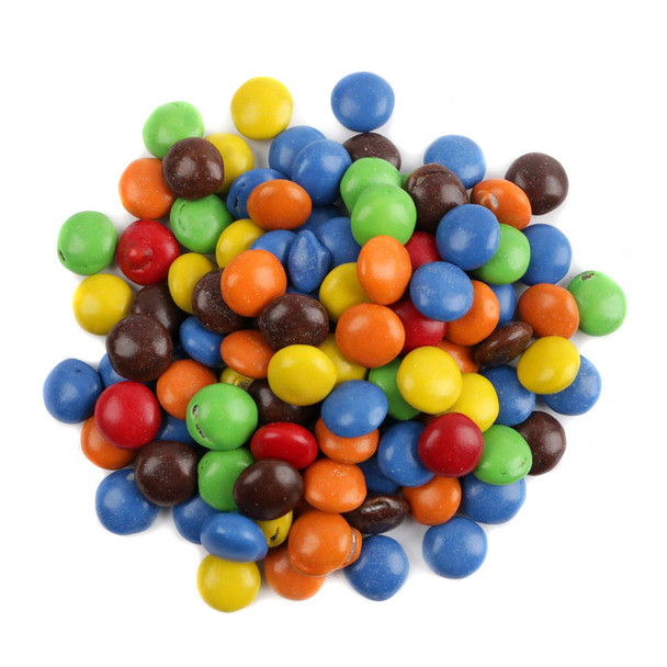 Semi Sweet Mini Chocolate Gems, 30LB bulk case, rainbow colors. Tiny dark chocolate candies for baking or snacking.