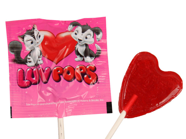 40 individually wrapped Luv Pops heart lollipops. Cherry flavored candy for kids, Valentine's Day.