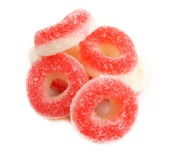 5 pound bulk of bright red, sanded strawberry gummy rings, sweet flavor, 1.25 inch diameter.