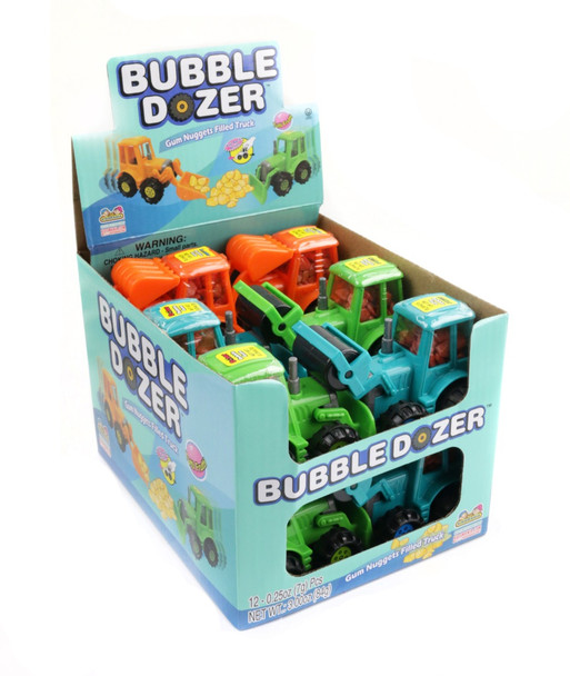 Bubblegum Bulldozer Candy, 12 toy bulldozers, green, strawberry, blue raspberry bubble gum nuggets.