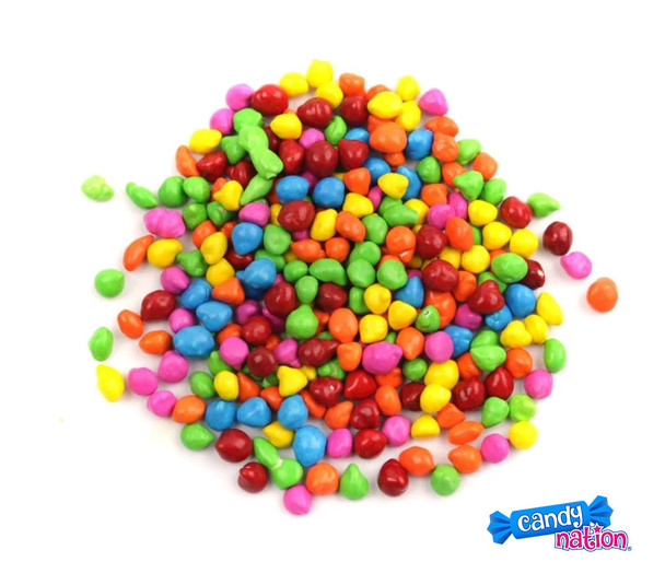 Vibrant rainbow semi-sweet chocolate drops, 30lb case. Approximately 300 pieces/lb, great for colorful baking.