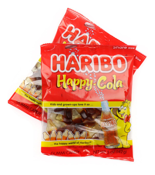 Haribo Happy Cola gummy bottles, classic brown cola-shaped, 1-inch, 12-pack of 5oz bags.