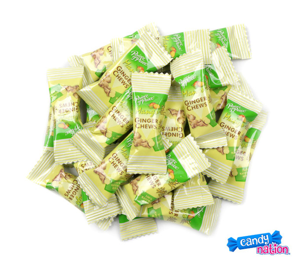 Vibrant yellow Ginger Chews with Mango, 1lb, 12 pack, approx 105 individually wrapped vegan chews.