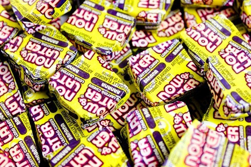 Now and Later Banana. 12 yellow packs of individually wrapped, hard chew taffy squares. Long-lasting candy.