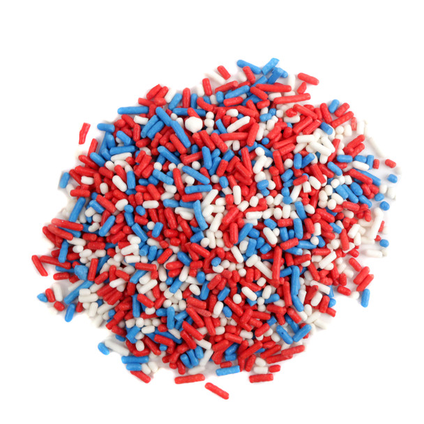 Bright red, white, blue sprinkles, patriotic 4th of July dessert decoration for cakes, cookies, sweet treats.
