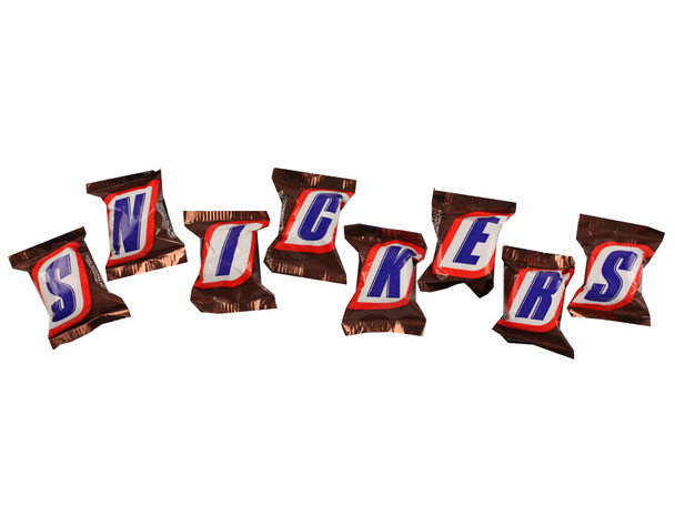 20lb bulk Snickers Mini, individually wrapped bite-sized milk chocolate bars with nougat, creamy caramel, peanuts.