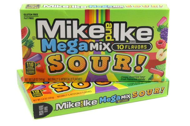Mike and Ike Mega Mix SOUR, twelve theater boxes. Vibrant green, red, yellow, purple, pink sour fruit candies.