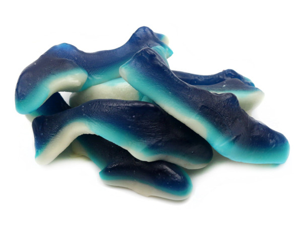 Vibrant blue gummy sharks, 5 LB bulk bag, featuring approximately 275 sweet shark-shaped candies.